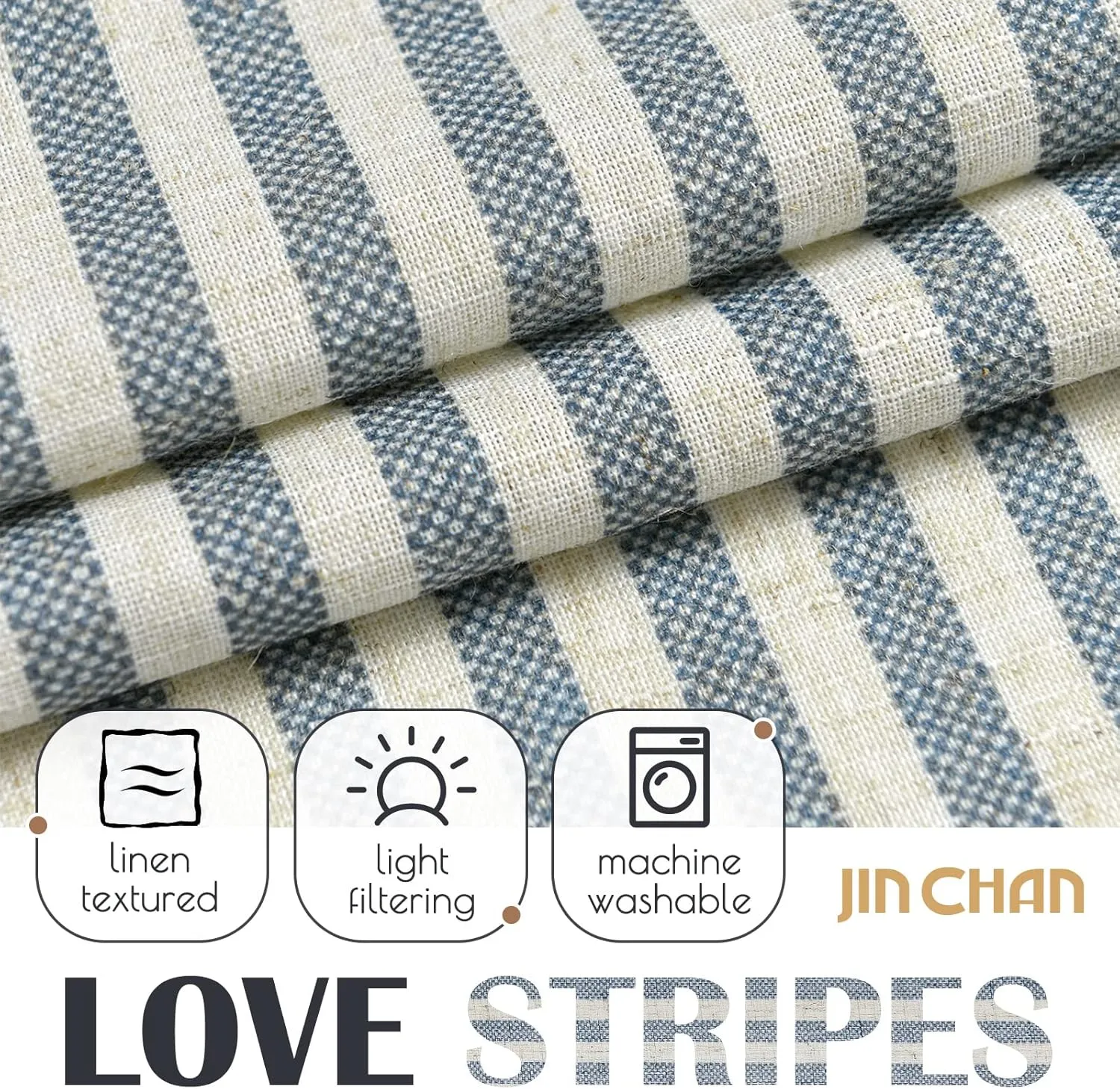 jinchan Linen Kitchen Curtains 36 Inch Length Striped Tier Curtains Ticking Stripe Small Drapes for Living Room Bathroom Cafe Small Window Farmhouse Rustic Pinstripe Rod Pocket 2 Panels Blue