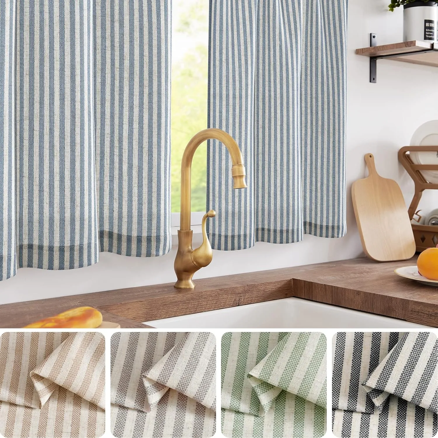 jinchan Linen Kitchen Curtains 36 Inch Length Striped Tier Curtains Ticking Stripe Small Drapes for Living Room Bathroom Cafe Small Window Farmhouse Rustic Pinstripe Rod Pocket 2 Panels Blue
