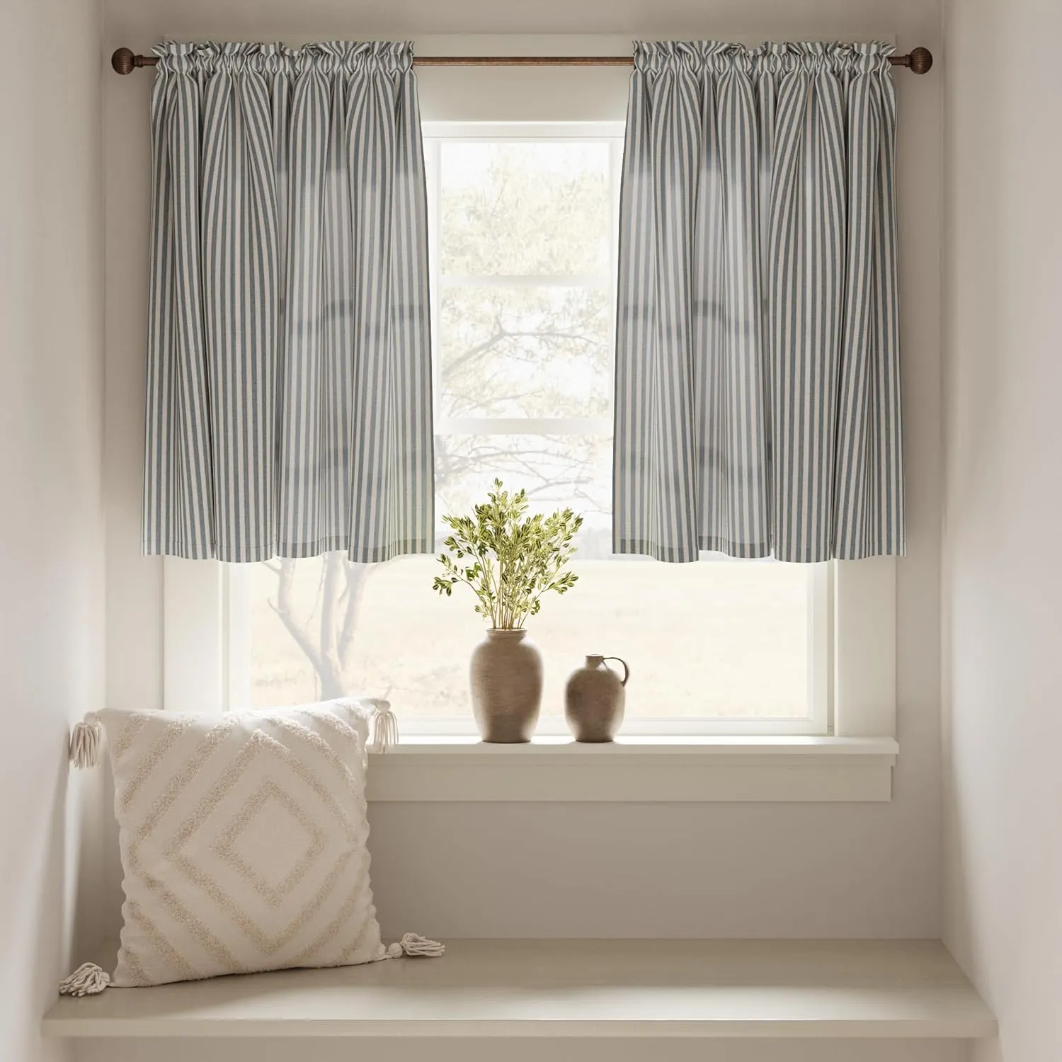 jinchan Linen Kitchen Curtains 36 Inch Length Striped Tier Curtains Ticking Stripe Small Drapes for Living Room Bathroom Cafe Small Window Farmhouse Rustic Pinstripe Rod Pocket 2 Panels Blue