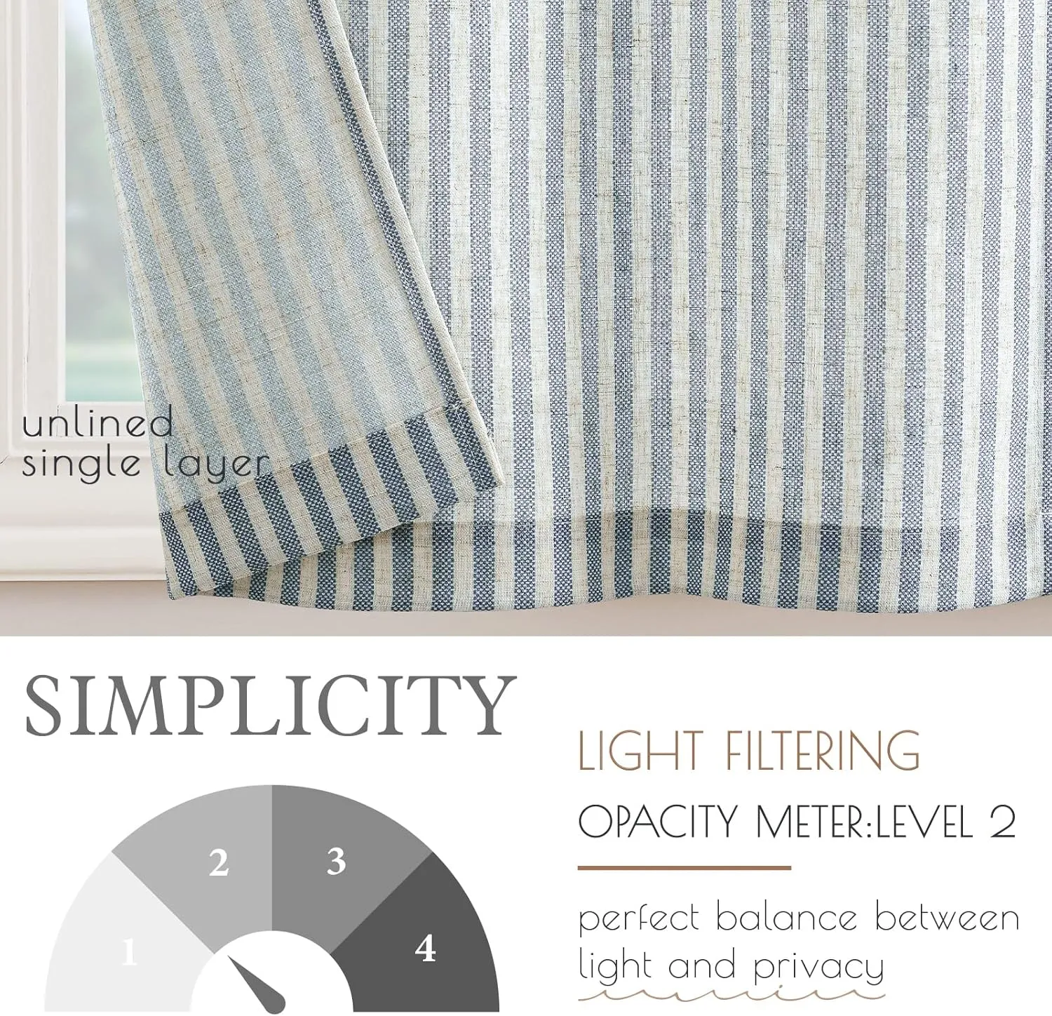 jinchan Linen Kitchen Curtains 36 Inch Length Striped Tier Curtains Ticking Stripe Small Drapes for Living Room Bathroom Cafe Small Window Farmhouse Rustic Pinstripe Rod Pocket 2 Panels Blue