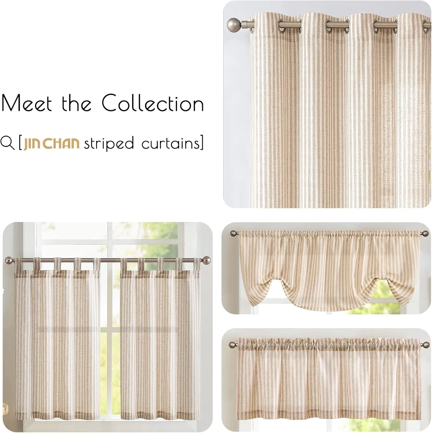 jinchan Linen Kitchen Curtains 36 Inch Length Striped Tier Curtains Ticking Stripe Small Drapes for Living Room Bathroom Cafe Small Window Farmhouse Rustic Pinstripe Rod Pocket 2 Panels Tan