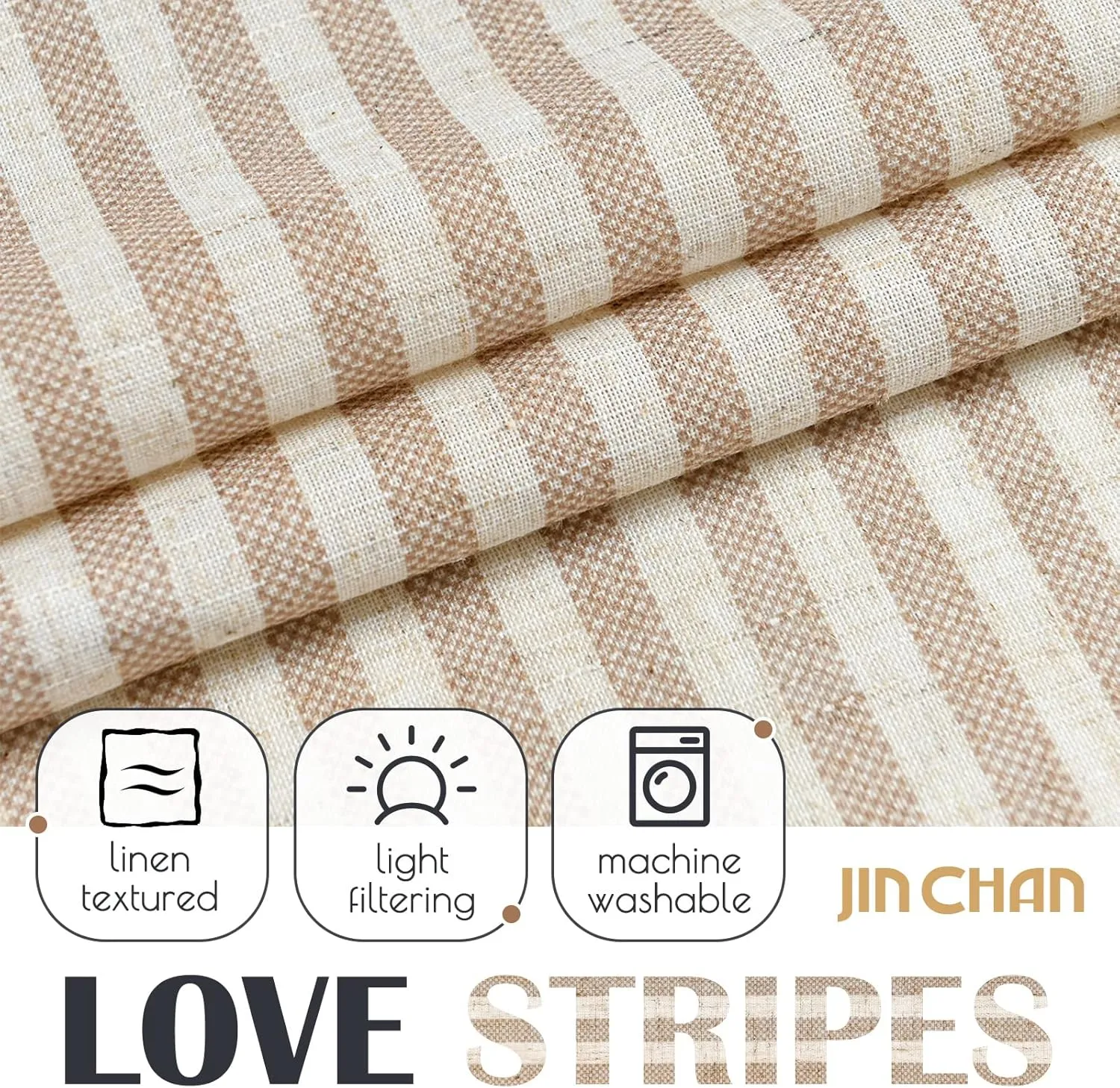 jinchan Linen Kitchen Curtains 36 Inch Length Striped Tier Curtains Ticking Stripe Small Drapes for Living Room Bathroom Cafe Small Window Farmhouse Rustic Pinstripe Rod Pocket 2 Panels Tan