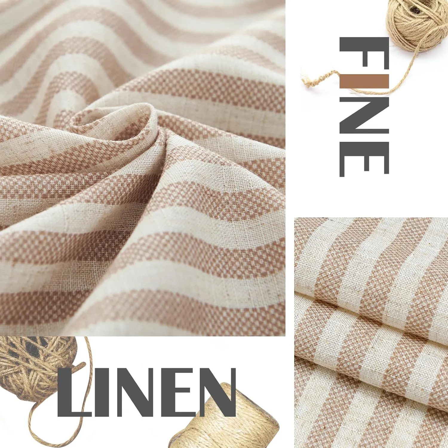 jinchan Linen Kitchen Curtains 36 Inch Length Striped Tier Curtains Ticking Stripe Small Drapes for Living Room Bathroom Cafe Small Window Farmhouse Rustic Pinstripe Rod Pocket 2 Panels Tan