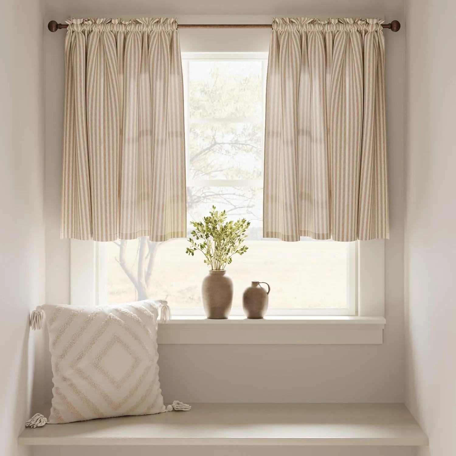 jinchan Linen Kitchen Curtains 36 Inch Length Striped Tier Curtains Ticking Stripe Small Drapes for Living Room Bathroom Cafe Small Window Farmhouse Rustic Pinstripe Rod Pocket 2 Panels Tan