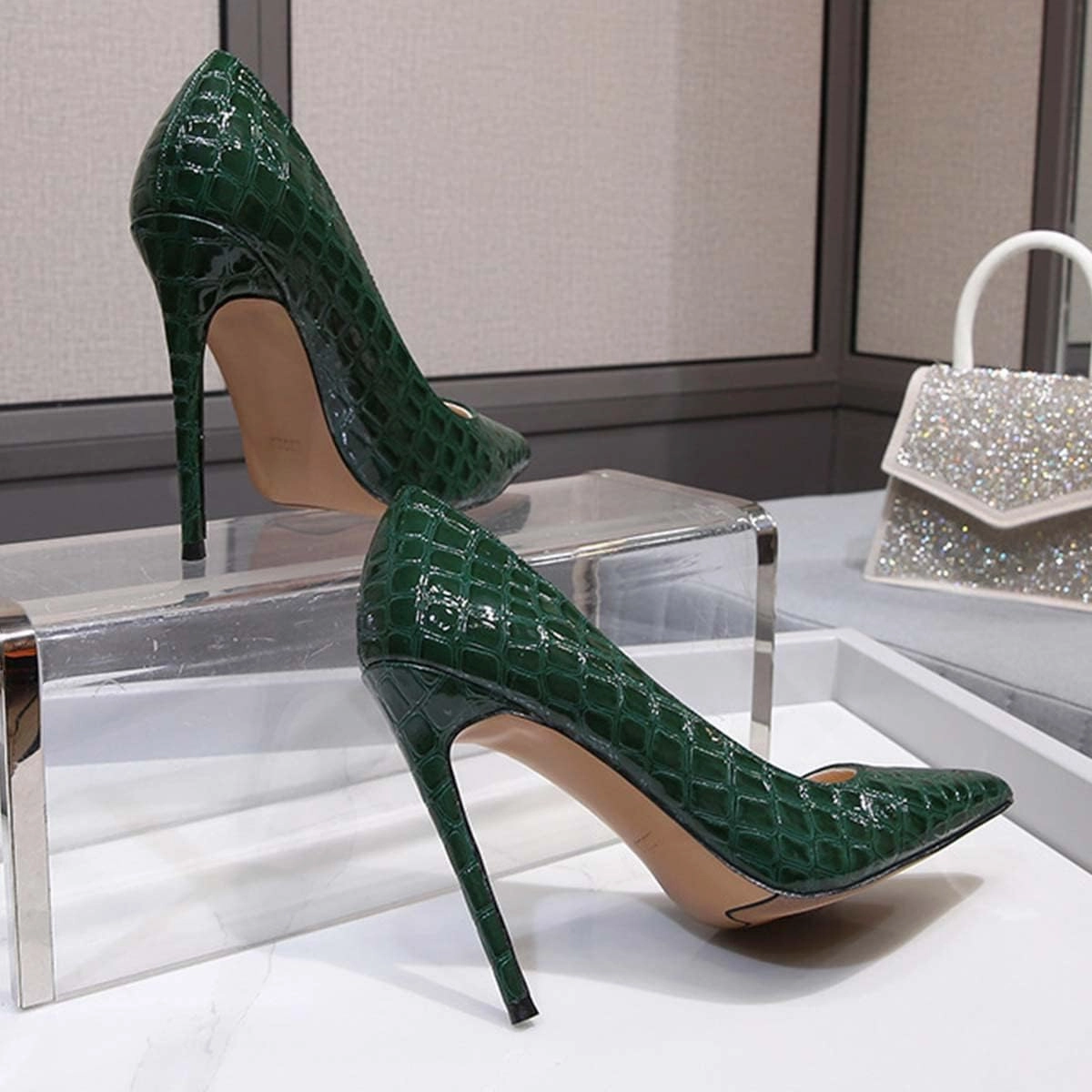 JOEupin Women Sexy Crocodile Pattern High Heels Pointed Toe Stilettos Pumps Party Club Shoes
