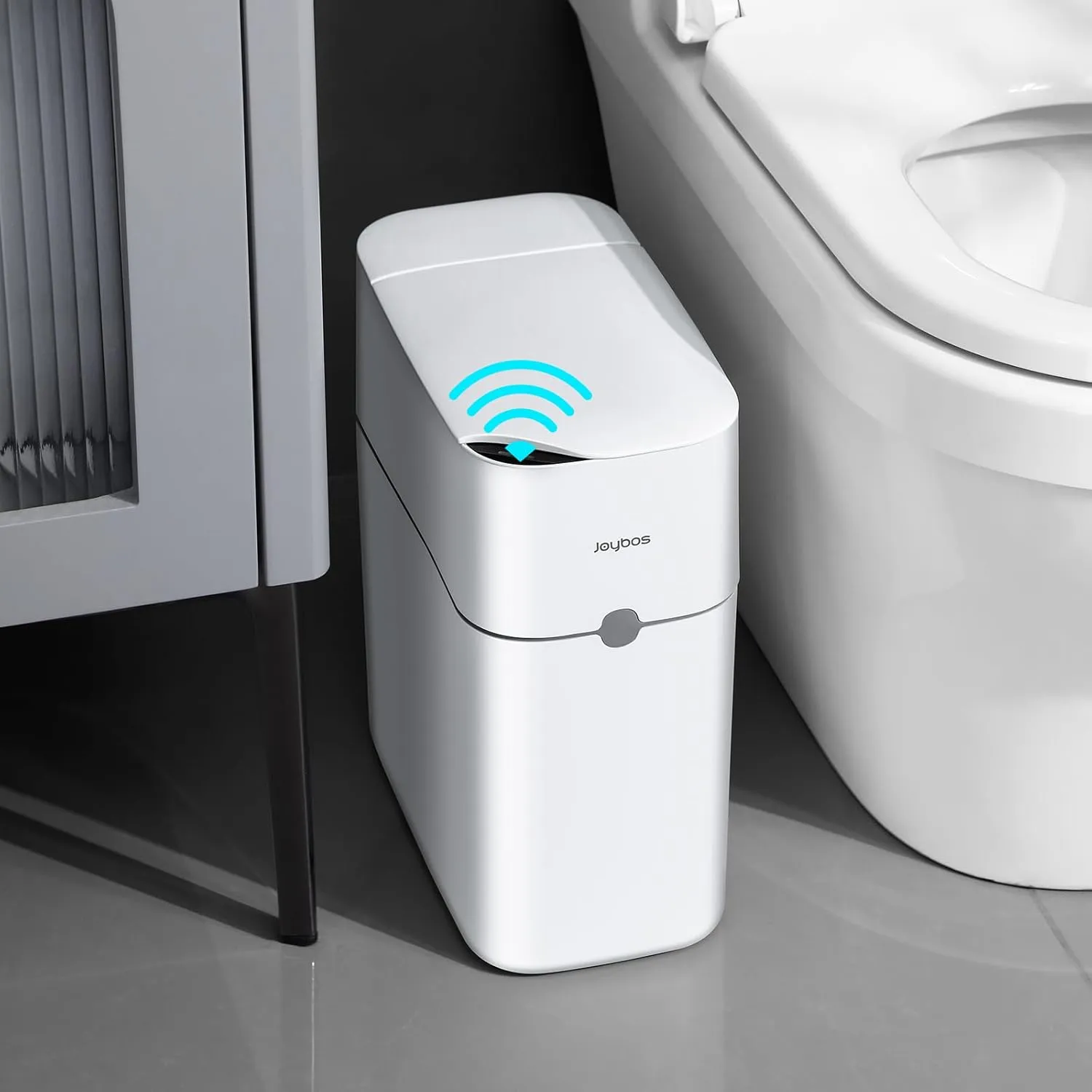 JOYBOS Motion Sensor Bathroom Trash Can with Lids, 3.5 Gallon Smart Garbage Can with Automatic Bag Expanding Function,Slim Small Trash Bin for Bedroom, Office, White