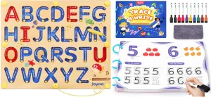JoyCat Preschool Learning Activities with Magnetic Letter Board, Wooden Alphabet Tracing Board for Toddlers ABC Magnets Letter Writing Practice, Preschool Learning Educational Toy