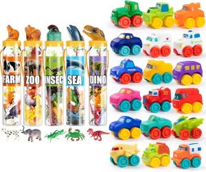 JOYIN Cartoon Cars Soft Rubber Toy Car Set with 69Pcs Small Animal Figures, Christmas Birthday Gifts, Toddler 1-3, Kid 3-5