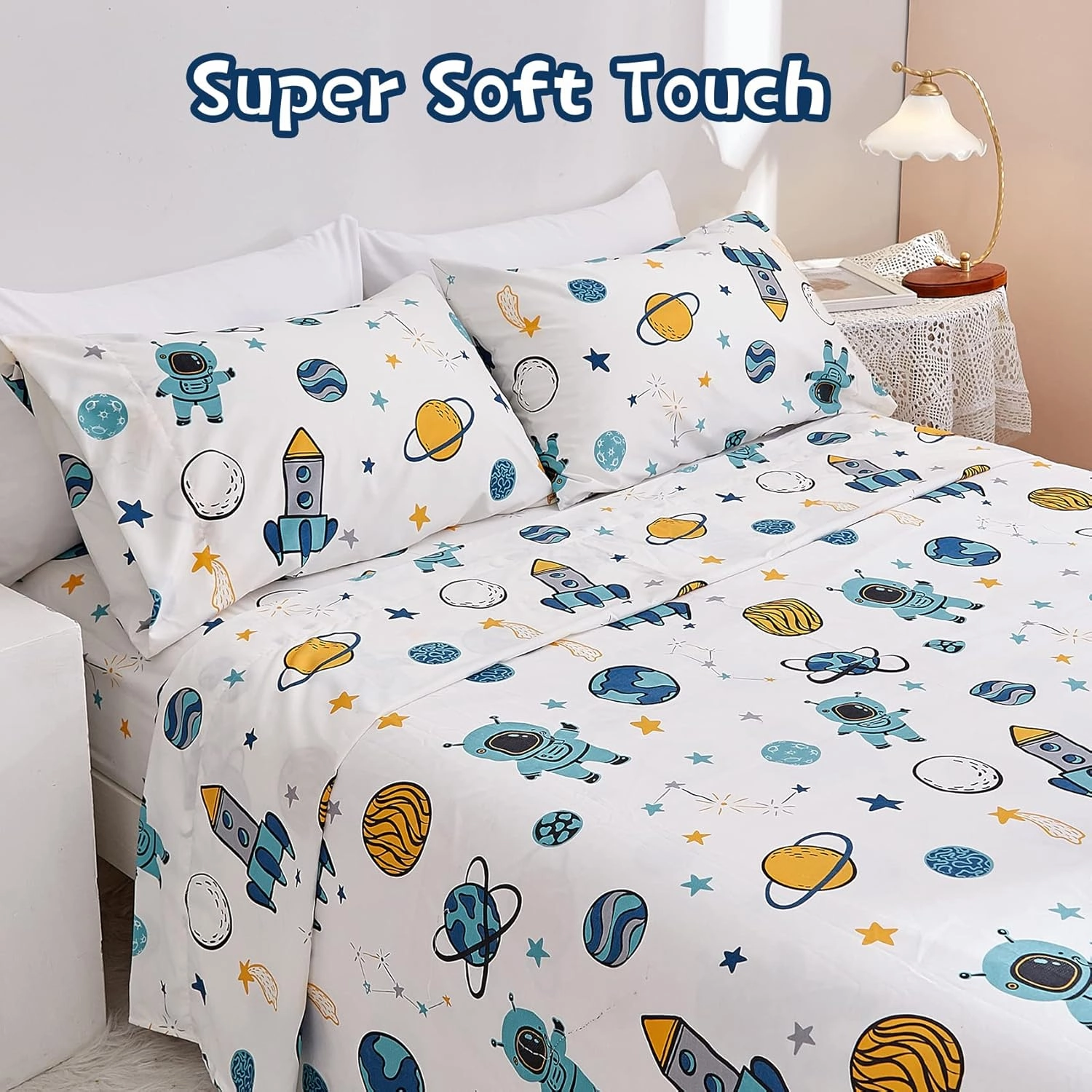 JSD Blue Astronaut Kids Sheet Set Full Size, 4 Piece Space Rocket Printed Microfiber Bed Sheets Deep Pocket