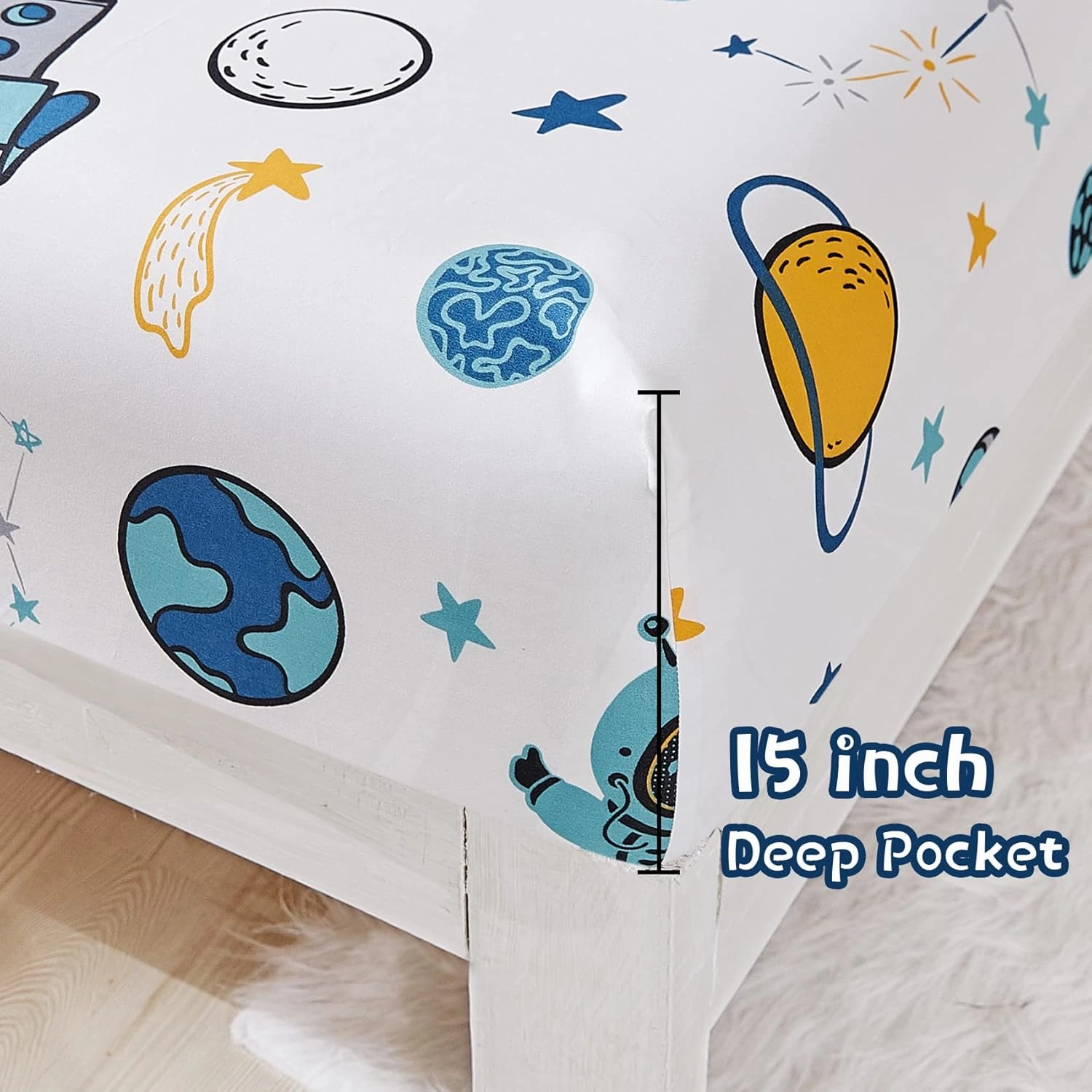 JSD Blue Astronaut Kids Sheet Set Full Size, 4 Piece Space Rocket Printed Microfiber Bed Sheets Deep Pocket