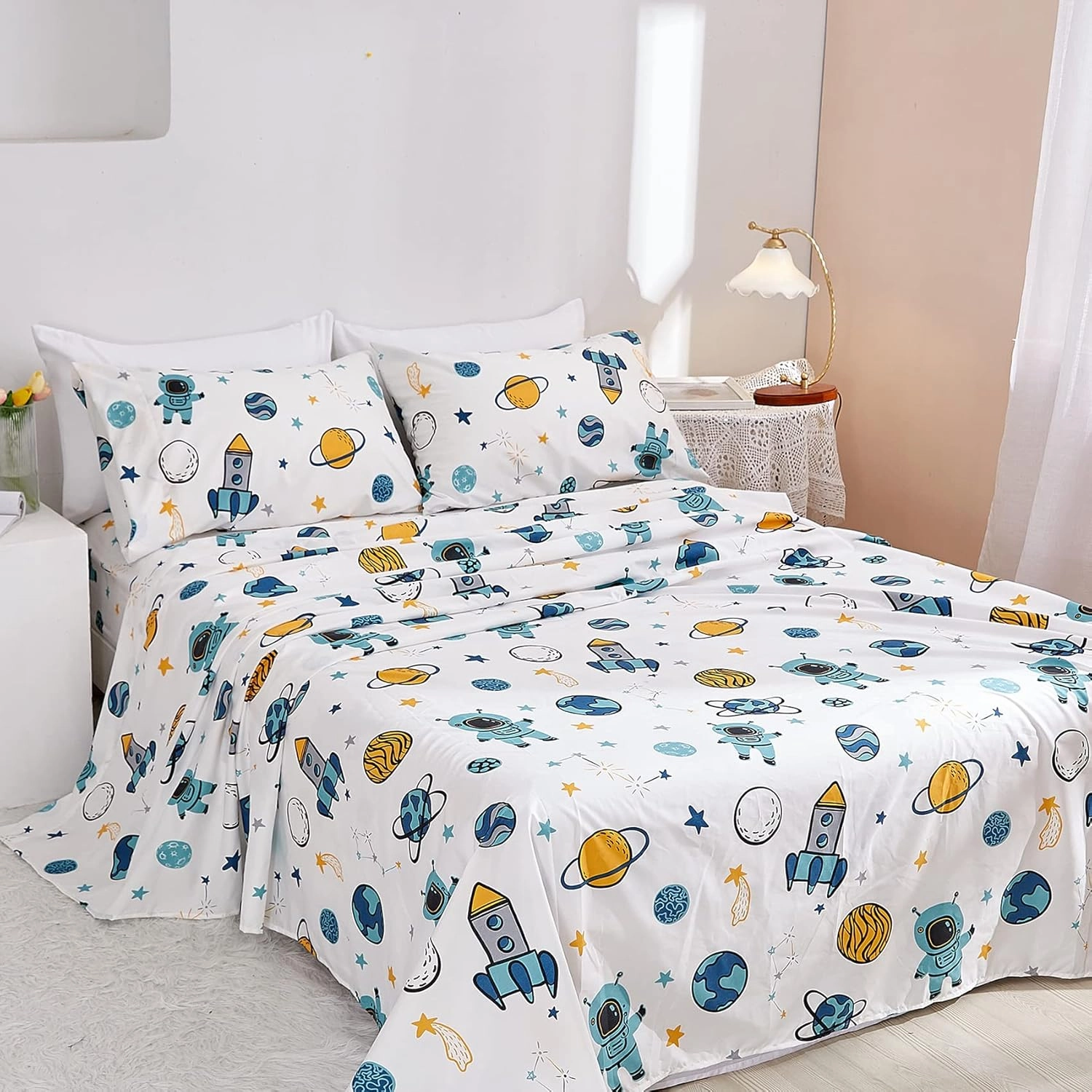 JSD Blue Astronaut Kids Sheet Set Full Size, 4 Piece Space Rocket Printed Microfiber Bed Sheets Deep Pocket