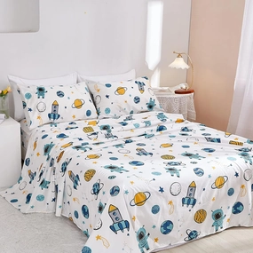 JSD Blue Astronaut Kids Sheet Set Full Size, 4 Piece Space Rocket Printed Microfiber Bed Sheets Deep Pocket