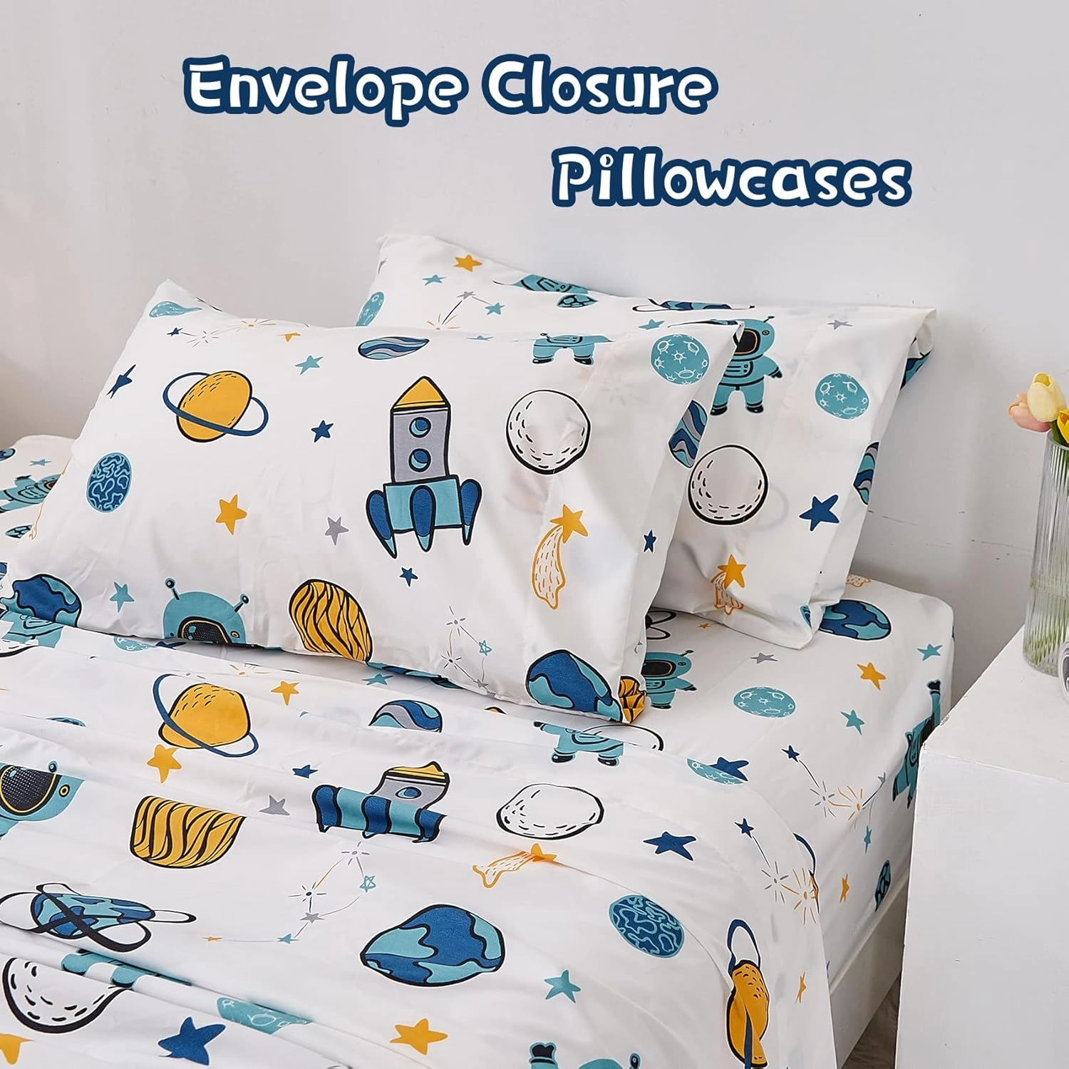 JSD Blue Astronaut Kids Sheet Set Full Size, 4 Piece Space Rocket Printed Microfiber Bed Sheets Deep Pocket