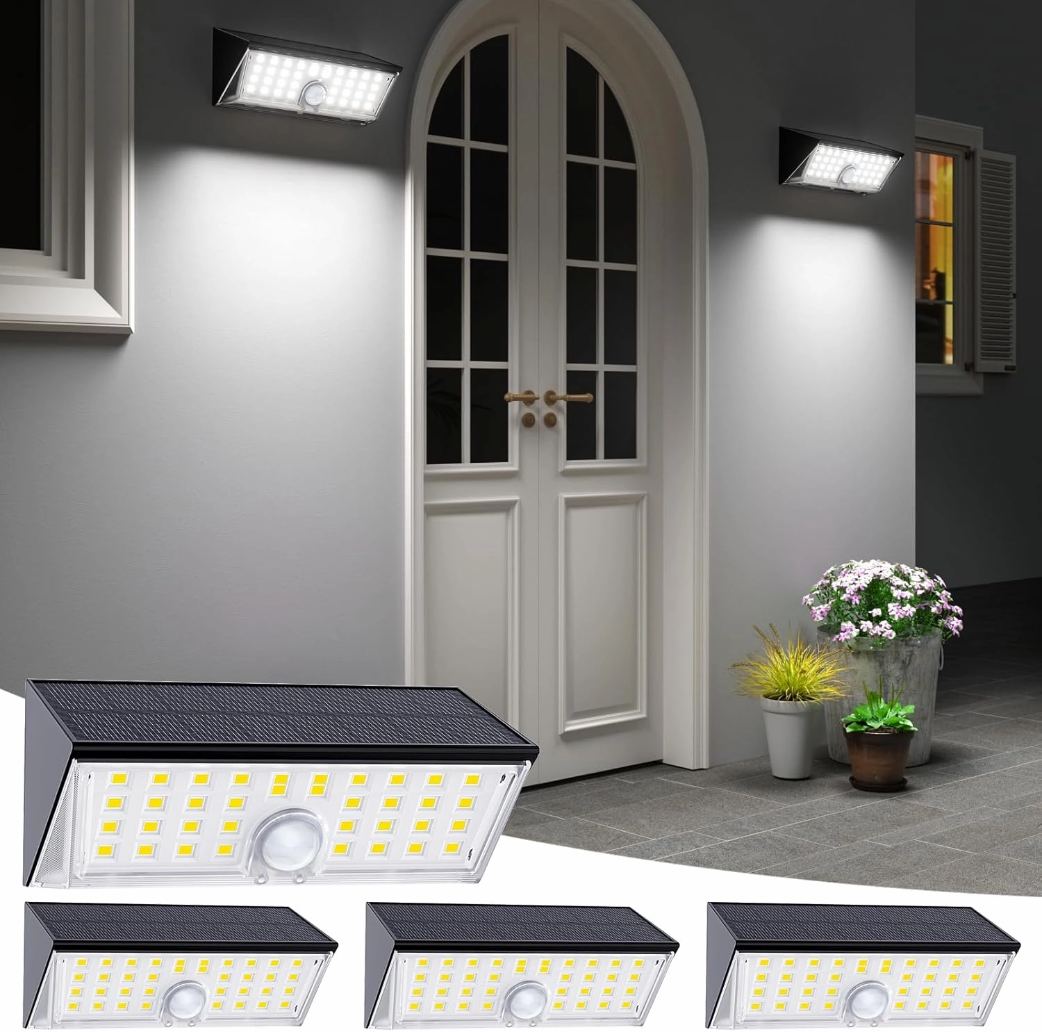 JSOT Solar Lights Fence for Outside, 4 Modes Solar Motion Sensor Lights Outdoor Waterproof I P65, 4Pack Ultra Bright Wall Security Lighting for Yard Garage Front Door Garden - Cool White