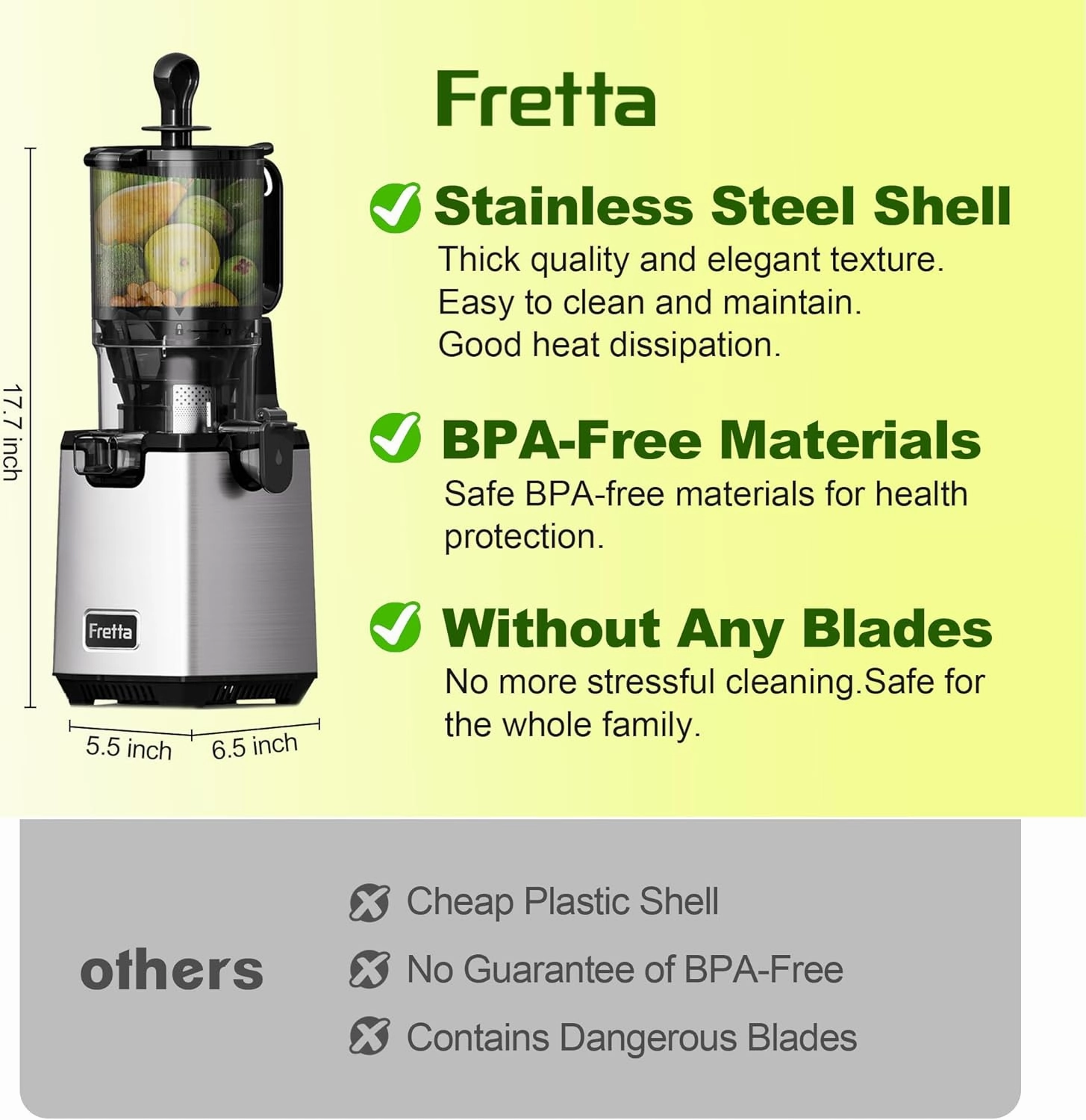 Juicer Machine, 5.3" Wide Chute Cold Press Juicer, BPA-Free, 54oz Large Capacity, Stainless Steel Slow Masticating Juicer for Whole Fruits & Vegetables, Easy to Clean, High Juice Yield,Gray