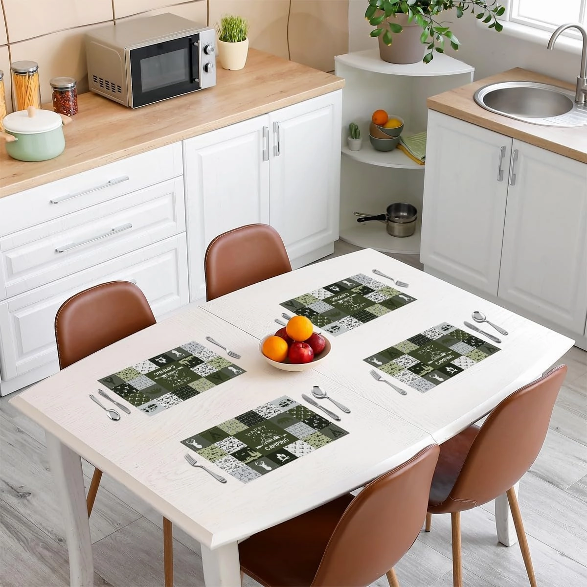 Jungle Camping Placemats Green Camo Plaid Adventure Lodge Place Mats for Kids Teens Adults Cartoon Antlers Cute Bear Wild Animals Kitchen Mats for Dining Table 12x18 Inch Set of 4