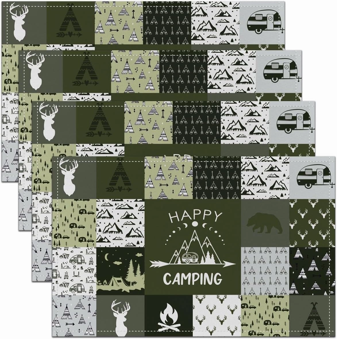 Jungle Camping Placemats Green Camo Plaid Adventure Lodge Place Mats for Kids Teens Adults Cartoon Antlers Cute Bear Wild Animals Kitchen Mats for Dining Table 12x18 Inch Set of 4