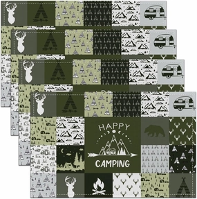 Jungle Camping Placemats Green Camo Plaid Adventure Lodge Place Mats for Kids Teens Adults Cartoon Antlers Cute Bear Wild Animals Kitchen Mats for Dining Table 12x18 Inch Set of 4