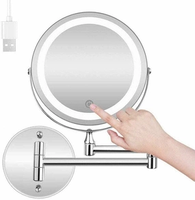 JYKFJ Rechargeable Lighted Makeup Mirror Wall Mount with Dimmable Lights, 10X Makeup Mirror with Lights and Magnification, Touch Screen, Double Source Vanity Mirror