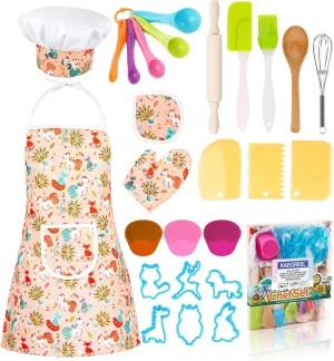 KAEGREEL Kids Baking Chef Set with Unicorn Apron and Mitt, 26pcs Kitchen Toys Kid Cooking Set with Chef Hat Spoons Whisk, Chef Role Play Gifts for Girls Boys Aged 3 4 5 6 8 Year Old
