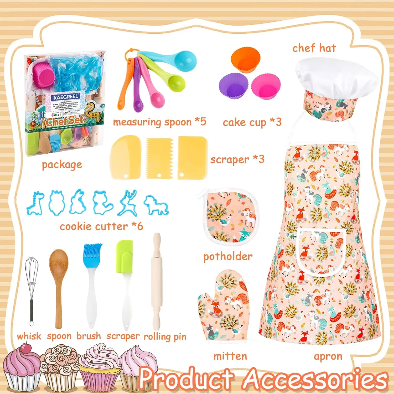 KAEGREEL Kids Baking Chef Set with Unicorn Apron and Mitt, 26pcs Kitchen Toys Kid Cooking Set with Chef Hat Spoons Whisk, Chef Role Play Gifts for Girls Boys Aged 3 4 5 6 8 Year Old
