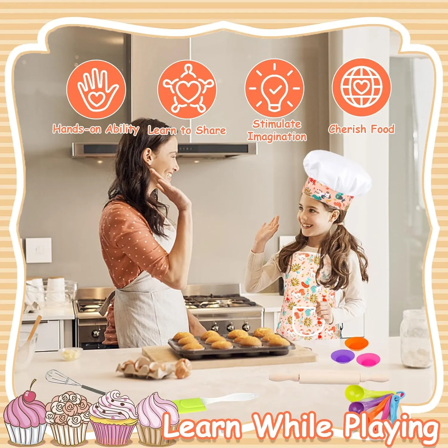 KAEGREEL Kids Baking Chef Set with Unicorn Apron and Mitt, 26pcs Kitchen Toys Kid Cooking Set with Chef Hat Spoons Whisk, Chef Role Play Gifts for Girls Boys Aged 3 4 5 6 8 Year Old