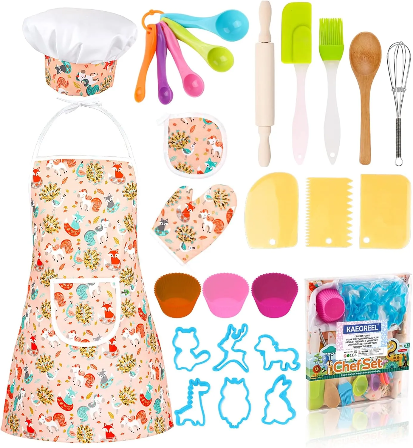 KAEGREEL Kids Baking Chef Set with Unicorn Apron and Mitt, 26pcs Kitchen Toys Kid Cooking Set with Chef Hat Spoons Whisk, Chef Role Play Gifts for Girls Boys Aged 3 4 5 6 8 Year Old