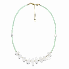 Kaiga | Iris Blue Handmade Beaded Natural White Crystal with Soft Freshwater Pearls Real Crystal and Healing Stone Necklace, Classic Women Jewelry