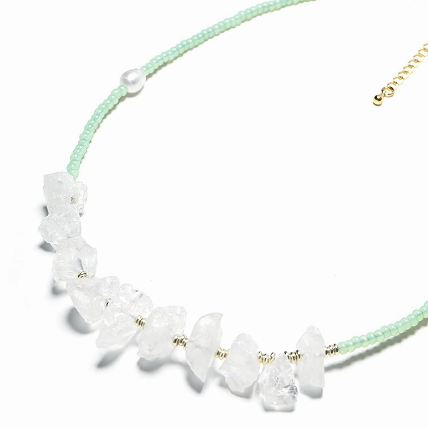 Kaiga | Iris Blue Handmade Beaded Natural White Crystal with Soft Freshwater Pearls Real Crystal and Healing Stone Necklace, Classic Women Jewelry