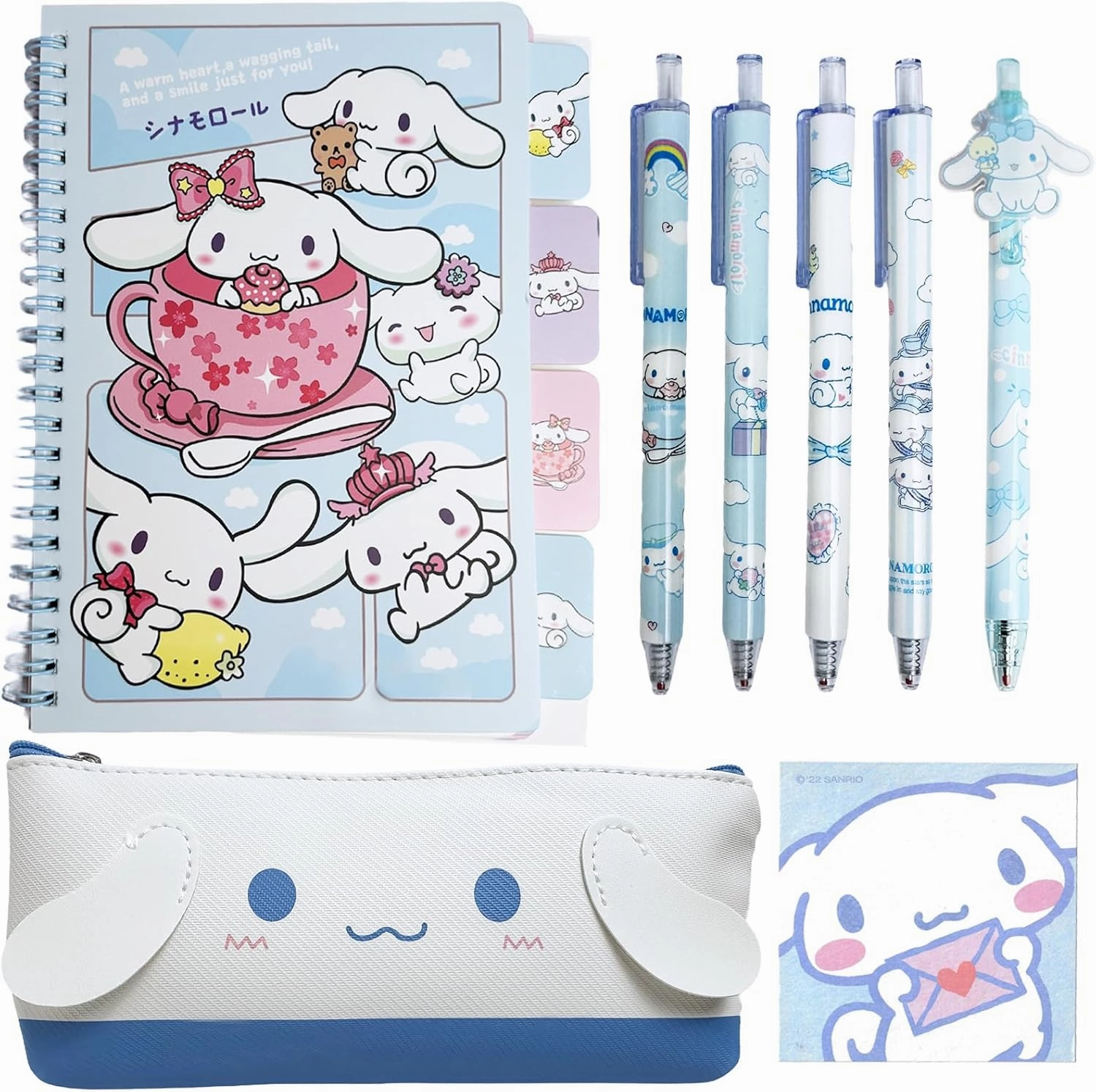 Kawaii White Dog Stationery Set, Includs Notebook & 5 Pcs Gel Pen & Pen Case & Sticky Notes, Planner Pen Pouch with Black Ink Ballpoint Pen Memo Pad, Coin Pouch Office Supplies Stationery Organizer