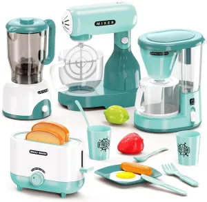 Kids Play Kitchen Accessories Toys Set, Pretend Play Kitchen Appliances Kit - Blender, Coffee Maker, Mixer, Toasters with Light & Sound, Playhouse Role Play Toy Gift for Girl Ages 3 4 5 6