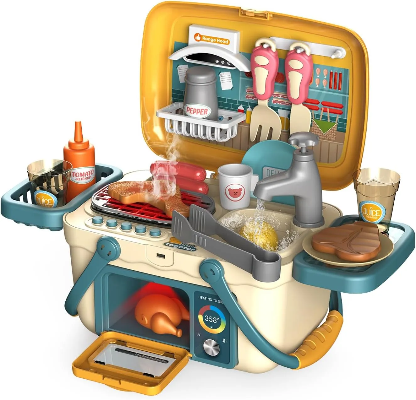 Kids Play Kitchen Toys, BBQ Kitchen Playset, Pretend Play Food Toys Cooking Set with Sound & Light, Barbecue, Oven, Play Sink, Outdoor Play Grill Toy Gift for Toddler Boys Girls 3-6