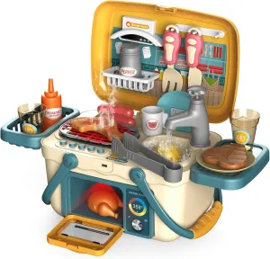 Kids Play Kitchen Toys, BBQ Kitchen Playset, Pretend Play Food Toys Cooking Set with Sound & Light, Barbecue, Oven, Play Sink, Outdoor Play Grill Toy Gift for Toddler Boys Girls 3-6