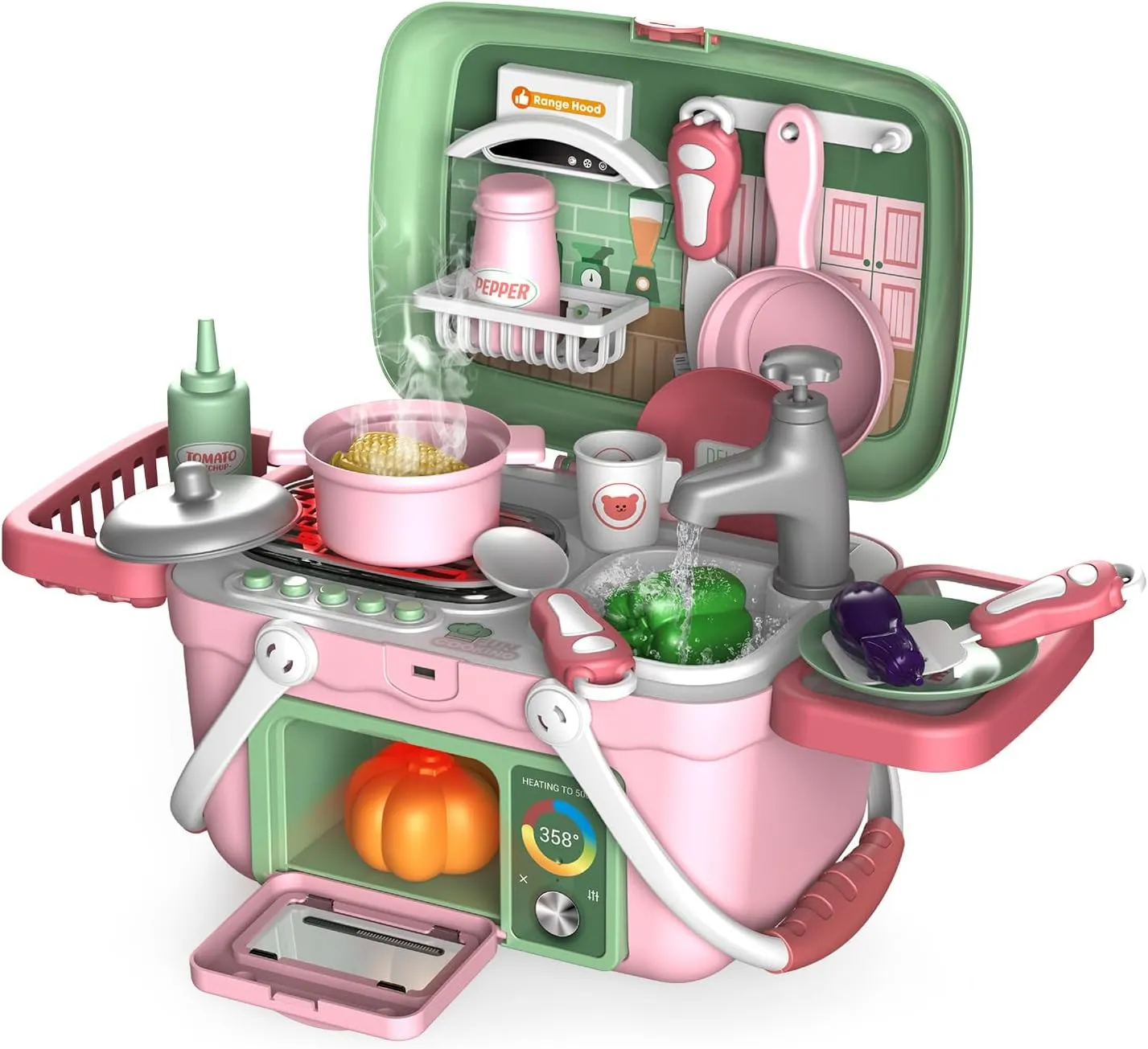 Kids Play Kitchen Toys, Pretend Play Food Toys Cooking Playset with Smoke, Sound, Light, Oven, Sink, Cookware Pot and Pan, Play Food, Pretend Kitchen Toy Gift for Toddler Boys Girls 3-6