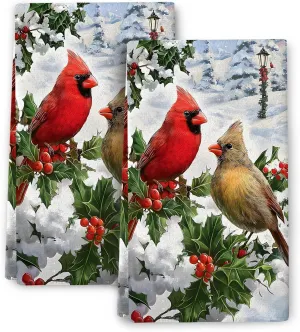 Kitchen Dish Towels Winter Cardinal Birds Hand Towels Set of 2 Housewarming F