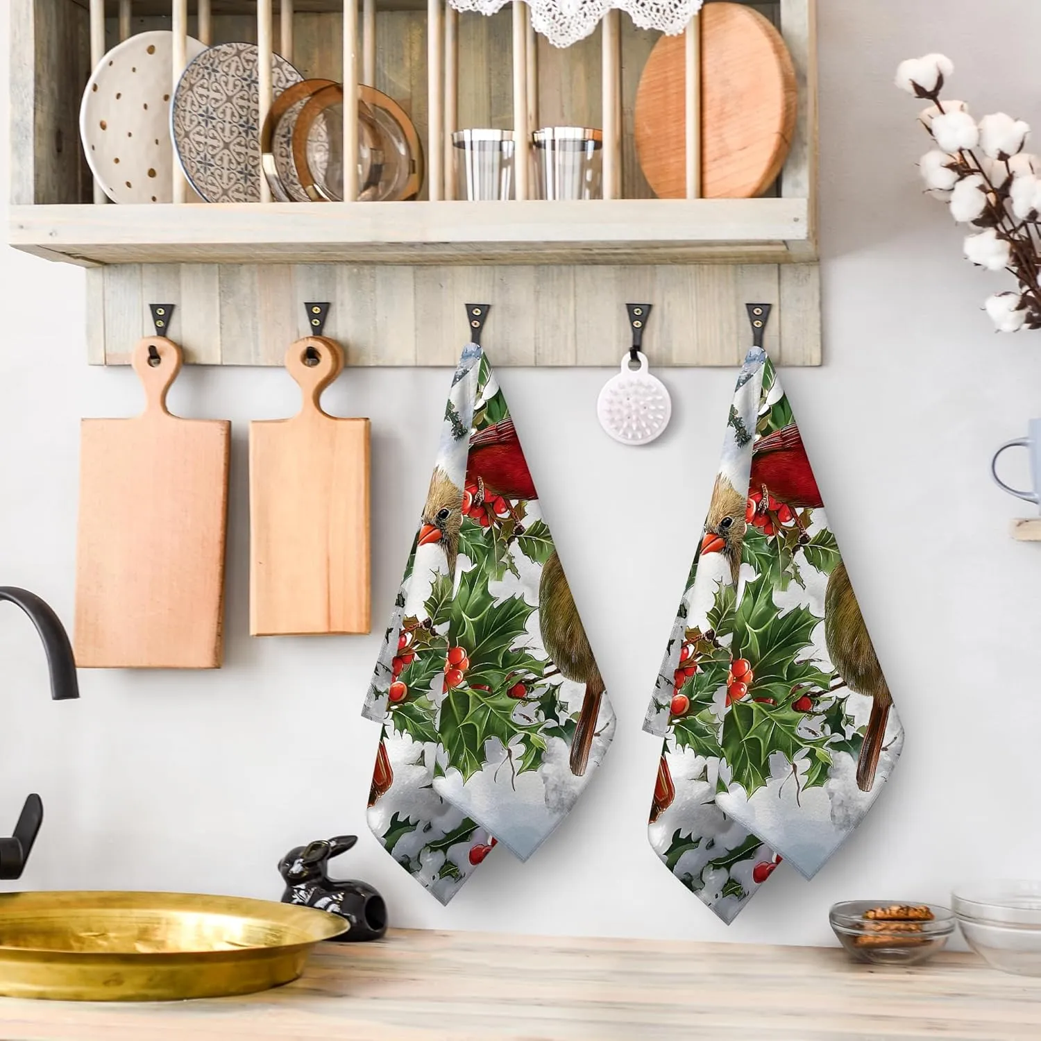 Kitchen Dish Towels Winter Cardinal Birds Hand Towels Set of 2 Housewarming F