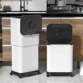 Kitchen Trash Can with Wheels,Adjustable Capacity 20L to 45L Rolling Trash Bin, Plastic Narrow and Height Garbage Can with Lid，Trash Can Dog Proof for Bathroom|Kitchen|Bedroom|Office