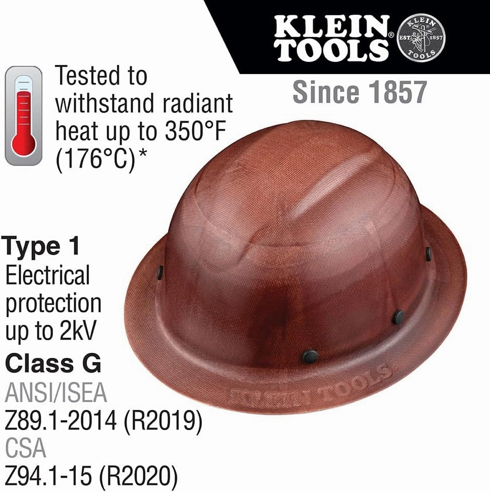 Klein Tools 60452 Hard Hat, Full Brim, Class G KONSTRUCT Series Hard Hat, Sweat-Wicking Sweatband, Top Pad, Brown