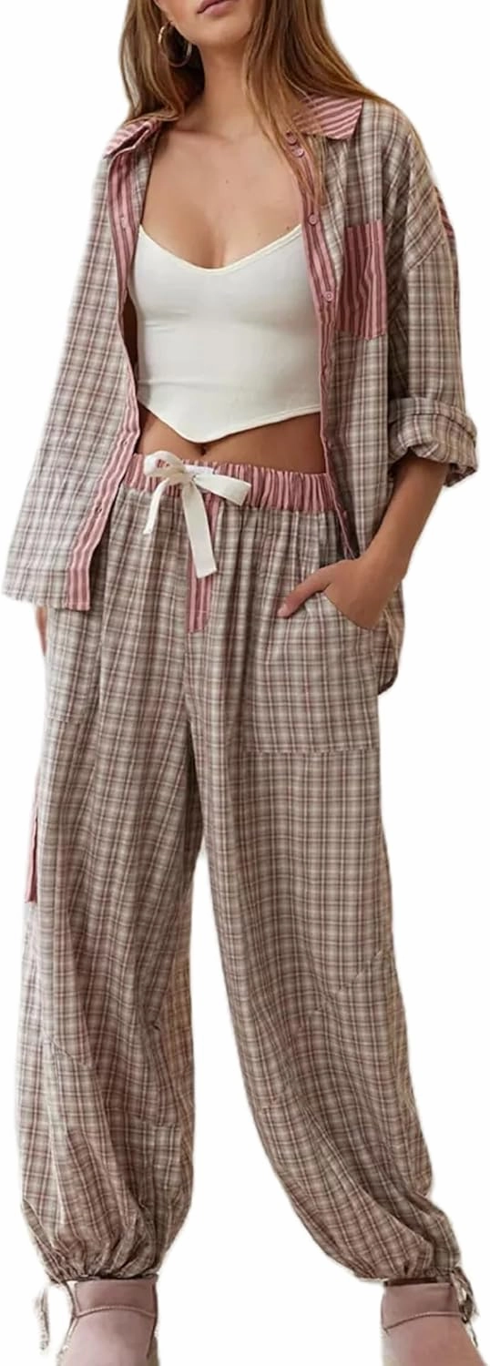KMBANGI Women 2 Piece Lounge Y2k Pajamas Set Long Sleeve Button Down Shirt Wide Leg Pants Plaid Striped Pjs Sleepwear