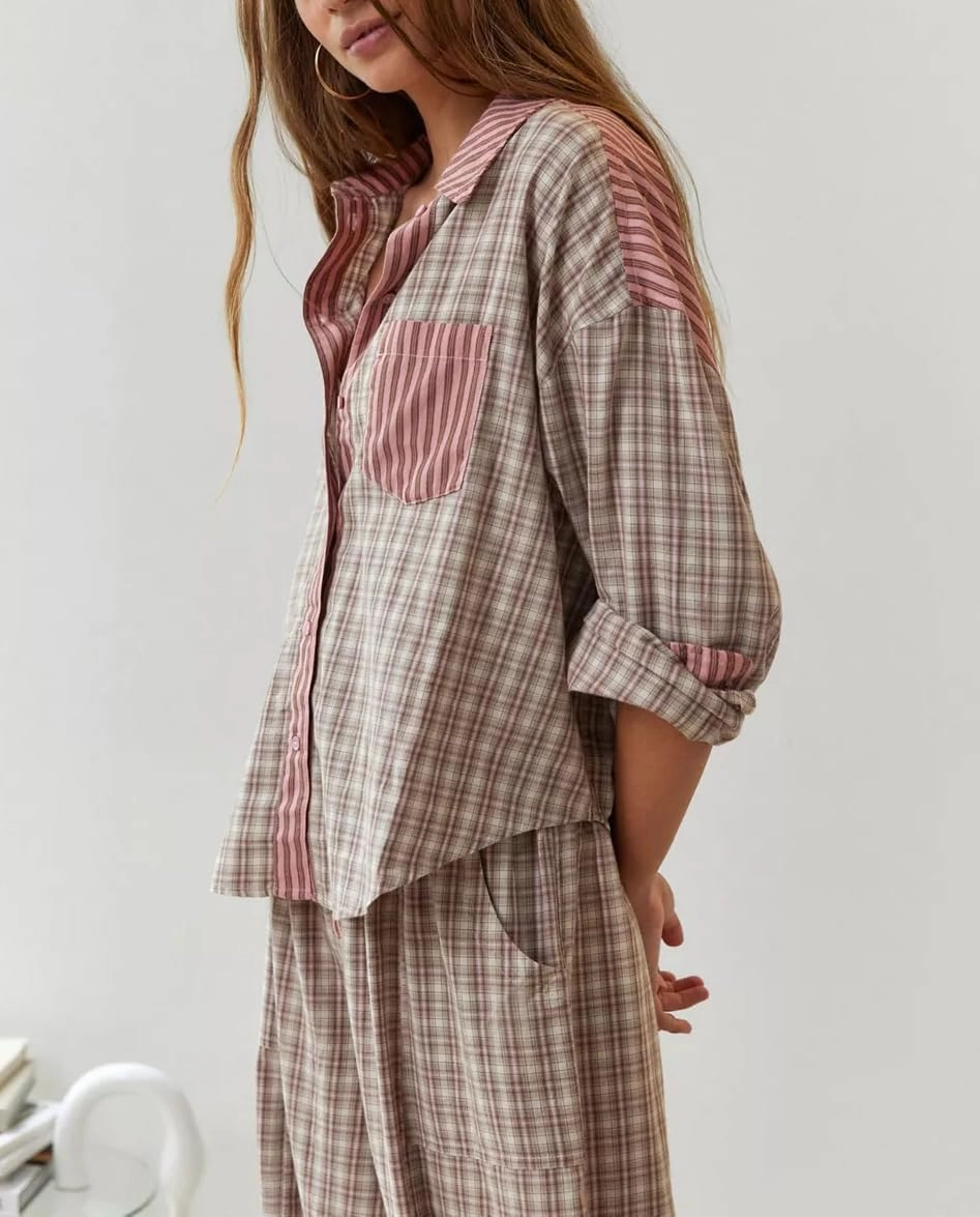 KMBANGI Women 2 Piece Lounge Y2k Pajamas Set Long Sleeve Button Down Shirt Wide Leg Pants Plaid Striped Pjs Sleepwear