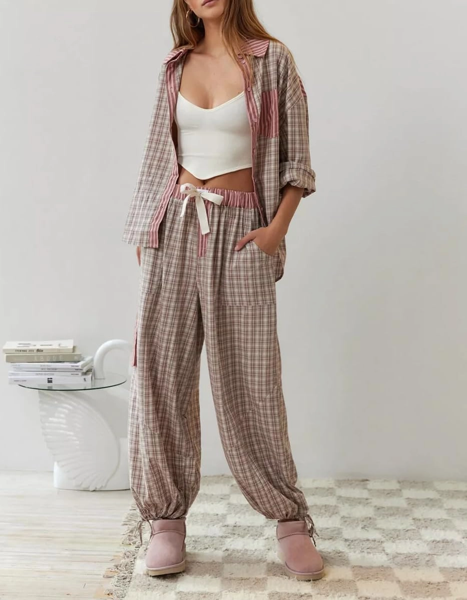 KMBANGI Women 2 Piece Lounge Y2k Pajamas Set Long Sleeve Button Down Shirt Wide Leg Pants Plaid Striped Pjs Sleepwear