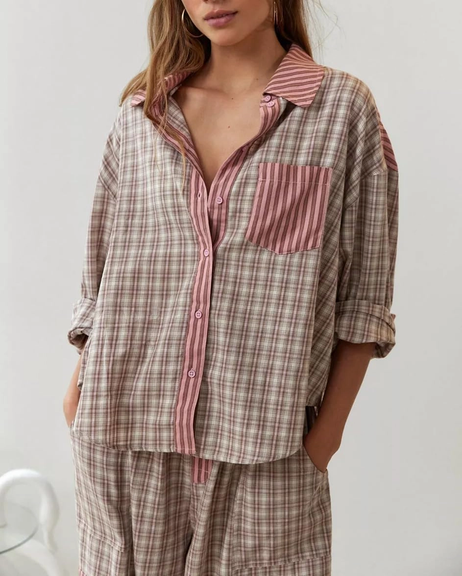 KMBANGI Women 2 Piece Lounge Y2k Pajamas Set Long Sleeve Button Down Shirt Wide Leg Pants Plaid Striped Pjs Sleepwear