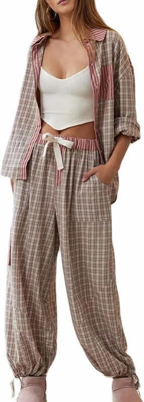 KMBANGI Women 2 Piece Lounge Y2k Pajamas Set Long Sleeve Button Down Shirt Wide Leg Pants Plaid Striped Pjs Sleepwear