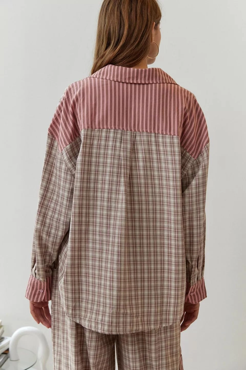 KMBANGI Women 2 Piece Lounge Y2k Pajamas Set Long Sleeve Button Down Shirt Wide Leg Pants Plaid Striped Pjs Sleepwear