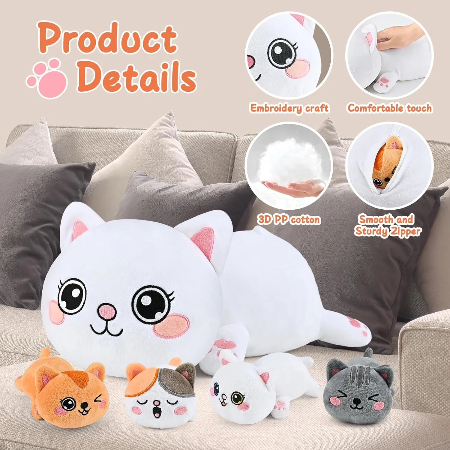 KMUYSL Cat Stuffed Animals Toys for Ages 3 4 5 6 7 8  Years Old Kids - Mommy Cat with 4 Baby Kitty in Her Tummy, Idea Xmas Birthday Gifts for Baby, Toddler, Girls, Boys