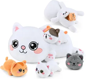 KMUYSL Cat Stuffed Animals Toys for Ages 3 4 5 6 7 8  Years Old Kids - Mommy Cat with 4 Baby Kitty in Her Tummy, Idea Xmas Birthday Gifts for Baby, Toddler, Girls, Boys