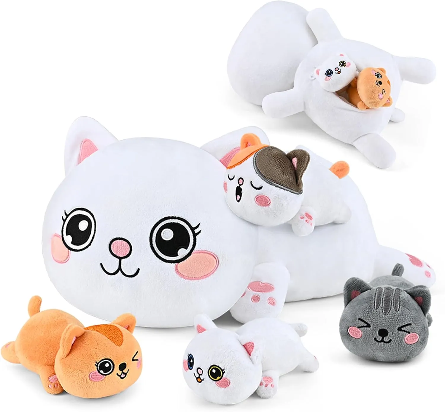 KMUYSL Cat Stuffed Animals Toys for Ages 3 4 5 6 7 8  Years Old Kids - Mommy Cat with 4 Baby Kitty in Her Tummy, Idea Xmas Birthday Gifts for Baby, Toddler, Girls, Boys