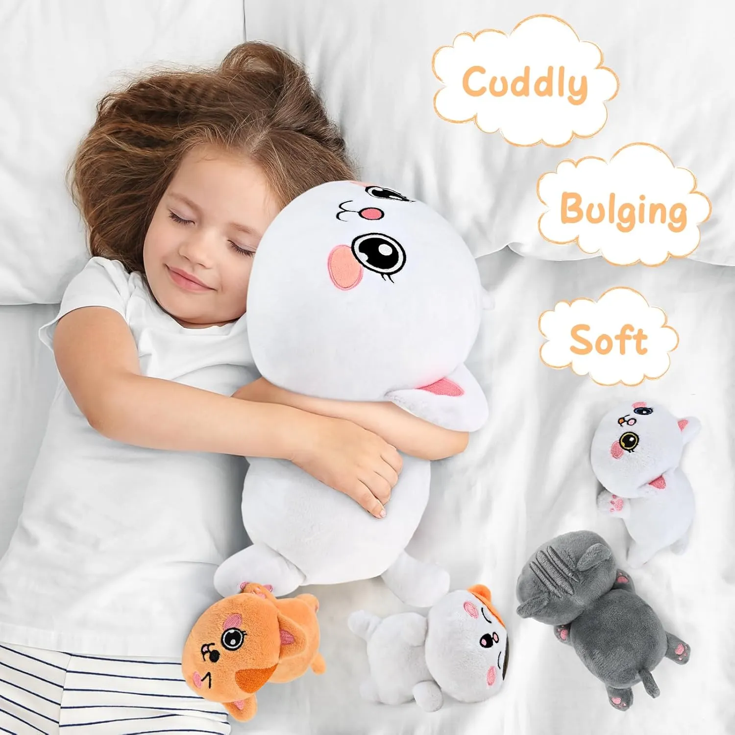 KMUYSL Cat Stuffed Animals Toys for Ages 3 4 5 6 7 8  Years Old Kids - Mommy Cat with 4 Baby Kitty in Her Tummy, Idea Xmas Birthday Gifts for Baby, Toddler, Girls, Boys