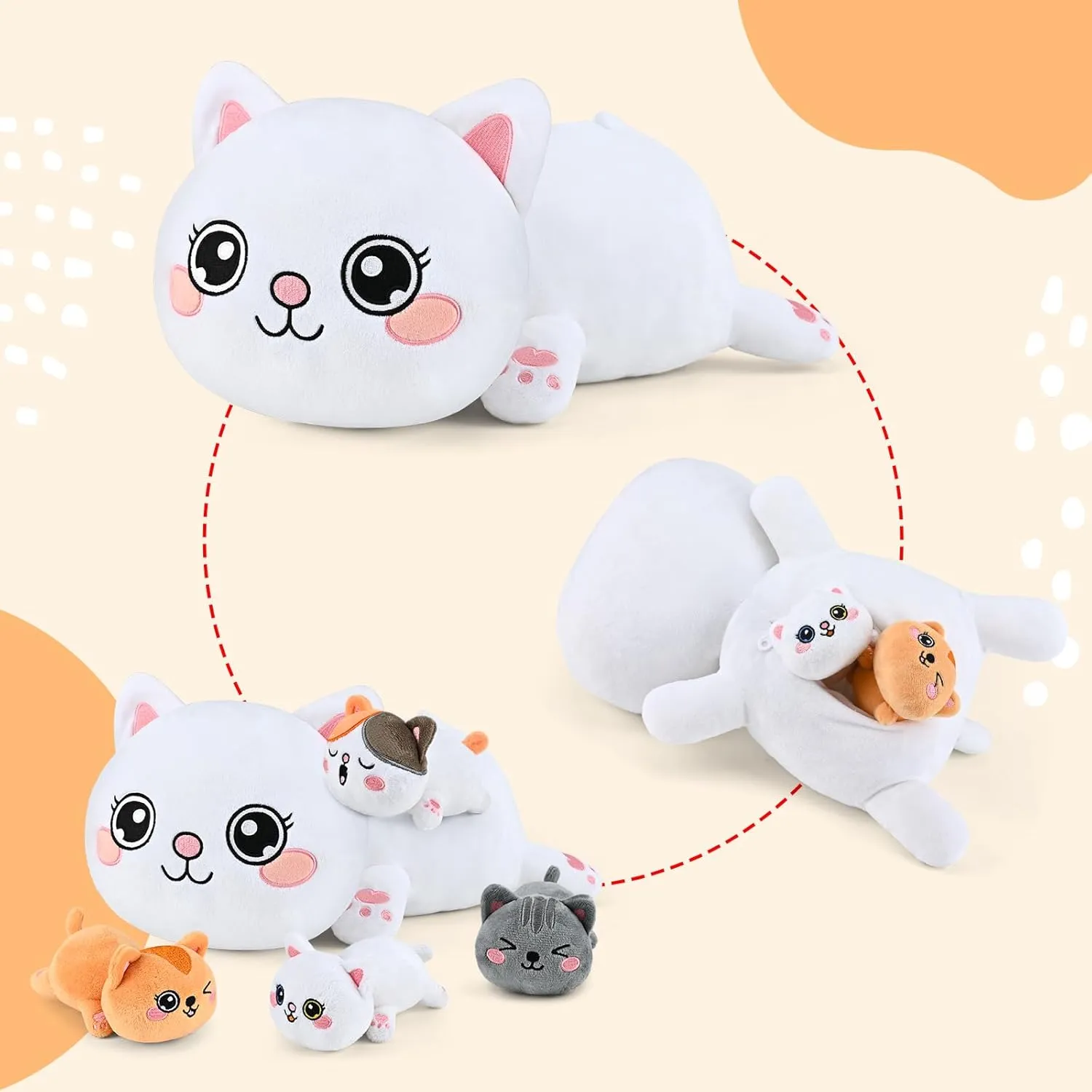 KMUYSL Cat Stuffed Animals Toys for Ages 3 4 5 6 7 8  Years Old Kids - Mommy Cat with 4 Baby Kitty in Her Tummy, Idea Xmas Birthday Gifts for Baby, Toddler, Girls, Boys