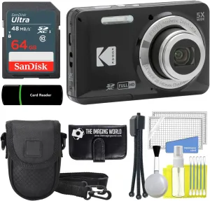 Kodak PIXPRO FZ55 Black 16MP Digital Camera 5X Optical Zoom 28mm Wide Angle 1080P Full HD Video 2.7" LCD Camera   64GB Card and Reader   Case   Memory Wallet   Tripod   Cleaning Bundle